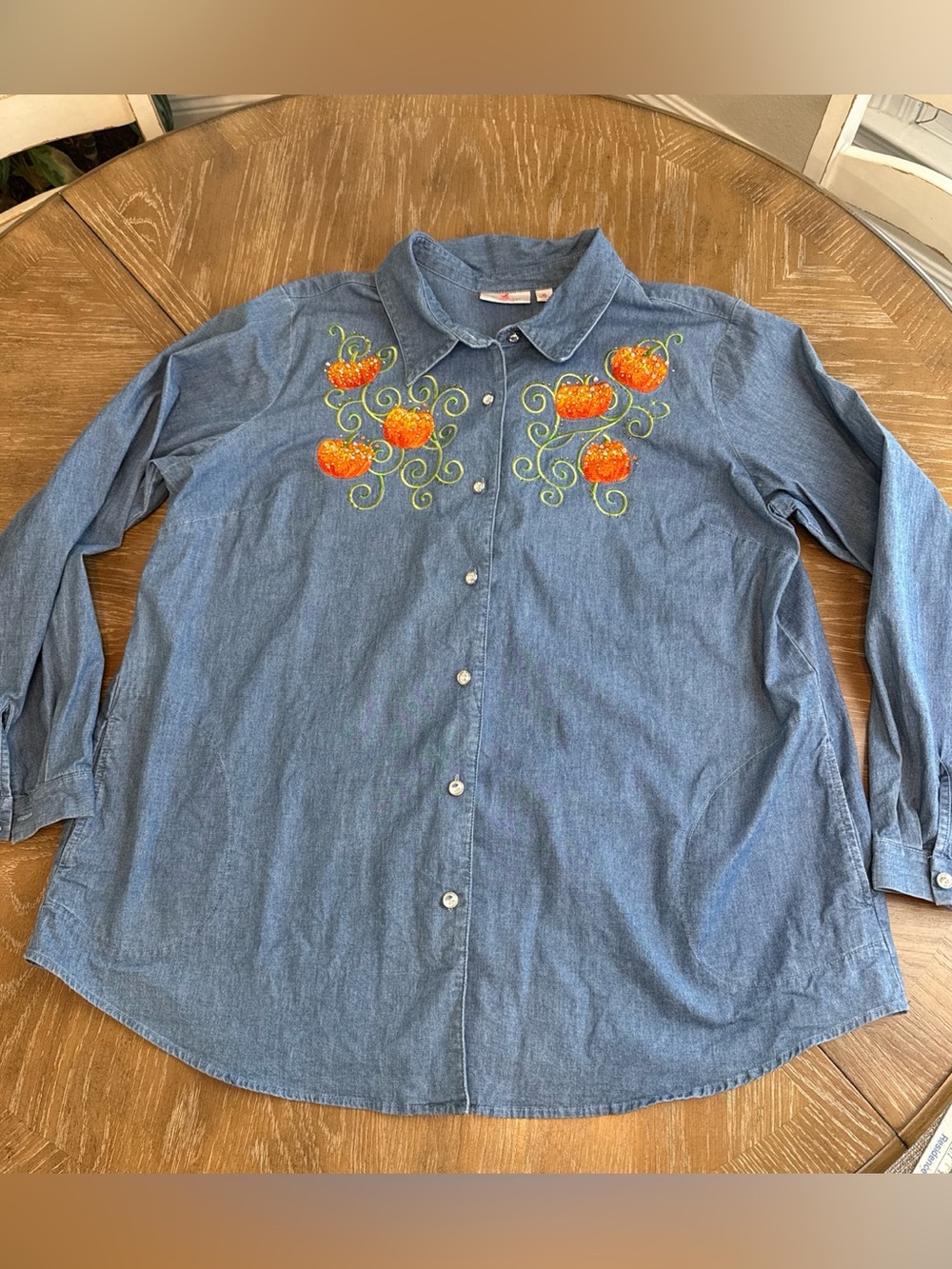 Quacker Factory Denim Button Down Shirt with Orange Pumpkin and vines embroidery